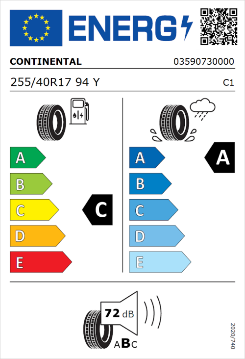 Tyre Label for Continental PremiumContact 6 255/40R17 94Y