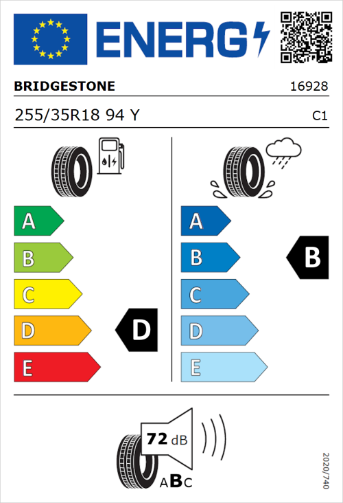 Tyre Label for Bridgestone Potenza RE050A I 255/35R18 94Y