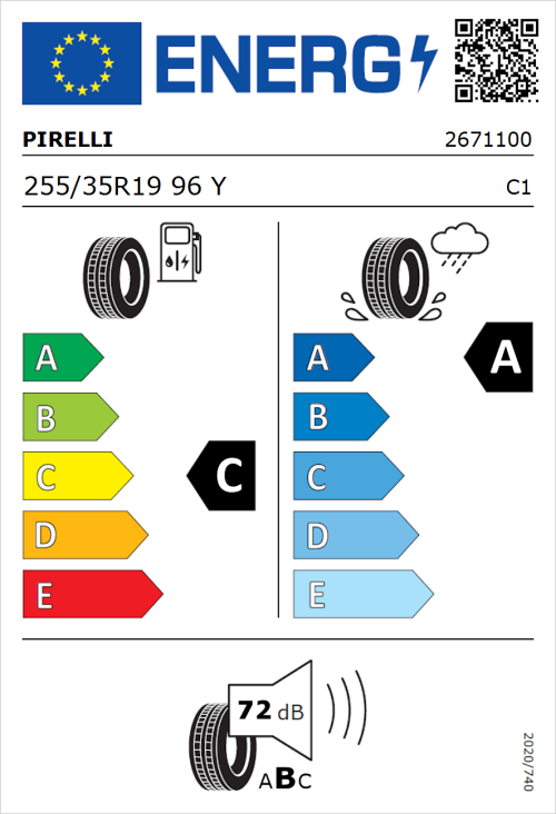 Tyre Label for Pirelli P Zero 255/35R19 96Y