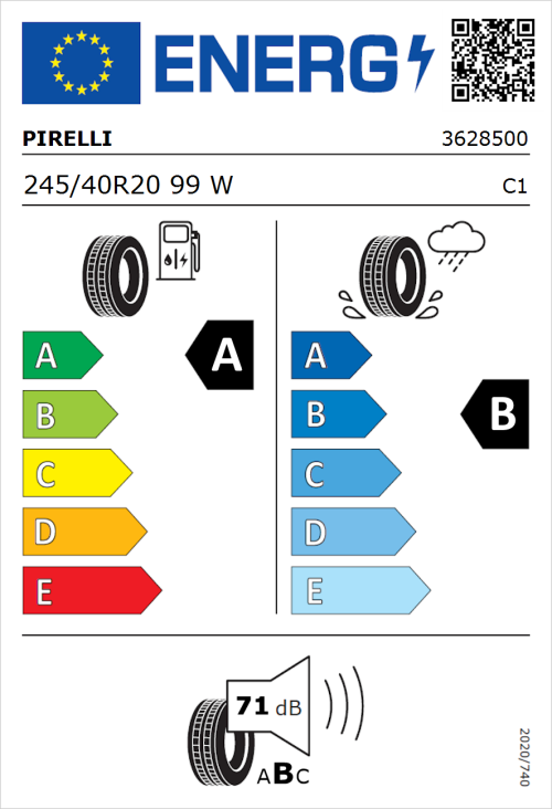 Tyre Label for Pirelli P Zero (PNCS) 245/40R20 99W