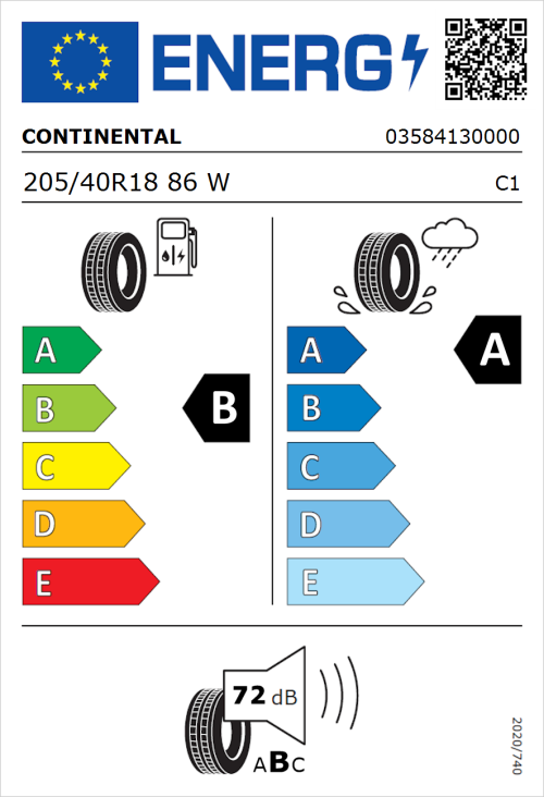 Tyre Label for Continental PremiumContact 6 205/40R18 86W