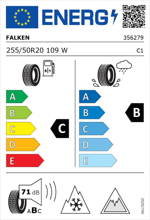 Tyre Label for Falken Euroall Season AS220 PRO 255/50R20 109W