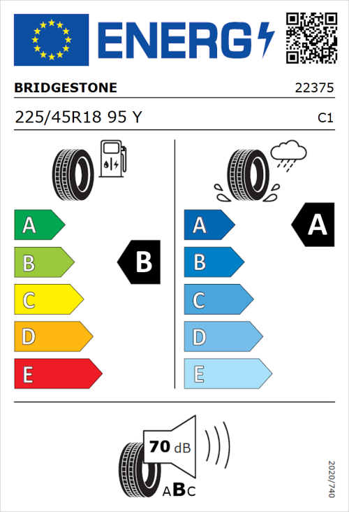Tyre Label for Bridgestone Turanza 6 225/45R18 95Y