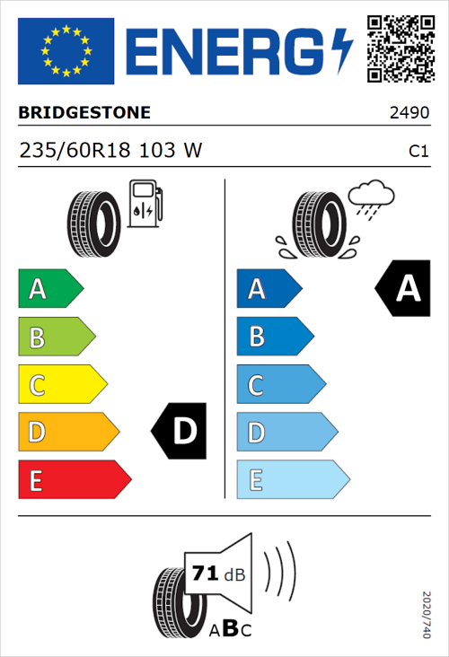 Tyre Label for Bridgestone Dueler H/P Sport 235/60R18 103W