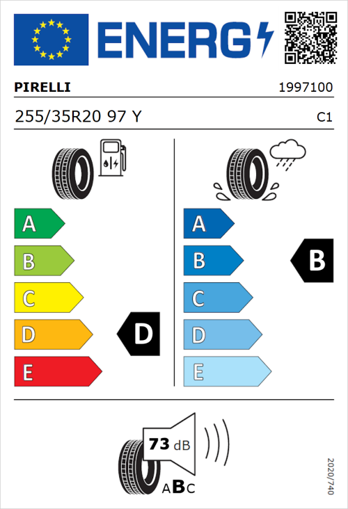 Tyre Label for Pirelli P Zero 255/35R20 97Y