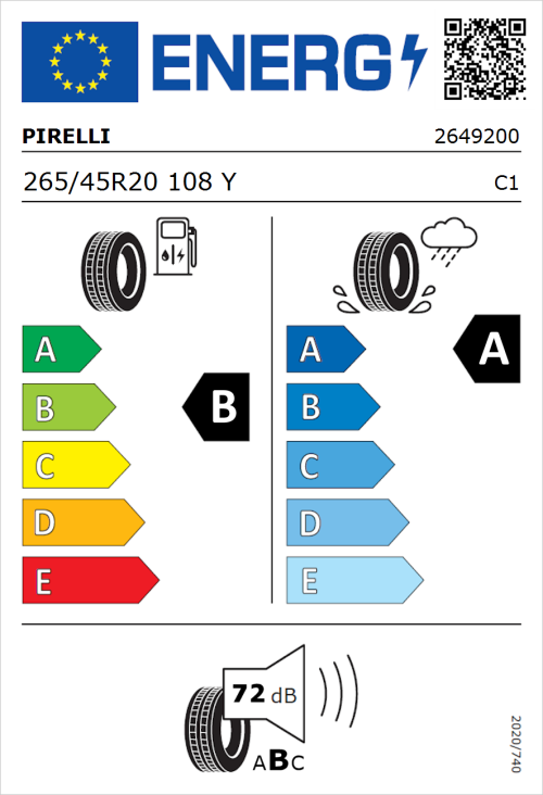 Tyre Label for Pirelli P Zero 265/45R20 108Y